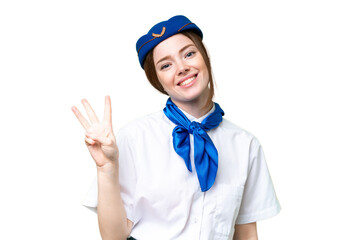 Airplane stewardess over isolated chroma key background happy and counting three with fingers