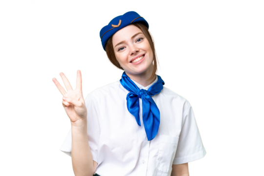 Airplane stewardess over isolated chroma key background happy and counting three with fingers