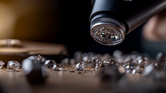 Close-up of a jeweler examining sparkling diamonds with a loupe, showcasing intricate details