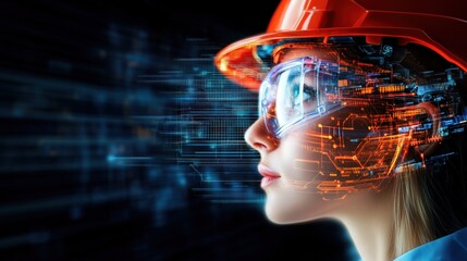 woman engineer in a bright orange helmet and protective glasses gazes thoughtfully as digital graphics and data overlays illuminate her profile. Innovative technology enhances her focus