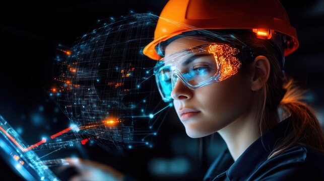 young engineer wearing a hard hat and safety goggles interacts with a digital interface, displaying data visualizations and holographic elements in a dark, high-tech workspace - Powered by Adobe