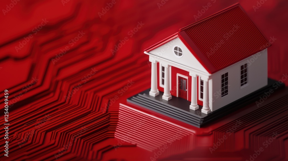 Poster model house on circuit board pattern with red background