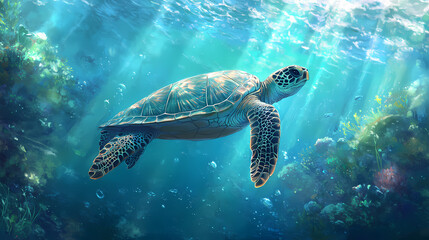Fototapeta premium Underwater scene with a sea turtle swimming in clear blue waters, emphasizing the beauty of marine life and the peacefulness of the ocean. Glass-Encased Ecosystems. Illustration