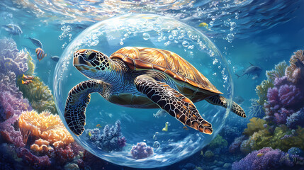Fototapeta premium Underwater scene with a sea turtle swimming in clear blue waters, emphasizing the beauty of marine life and the peacefulness of the ocean. Glass-Encased Ecosystems. Illustration