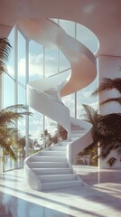 A spiral staircase with white balustrades
