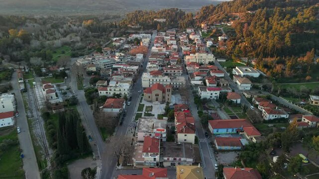 Aerial view of Olympia, a small town in Elis on the Peloponnese peninsula in Greece, famous for the nearby archaeological site of the same name.