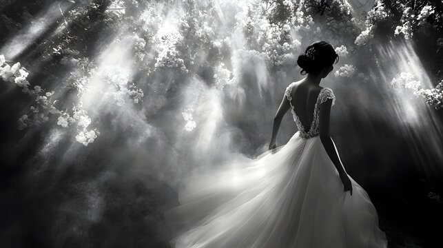Ethereal bride walks through enchanted forest in dramatic lighting, captured in monochrome.
