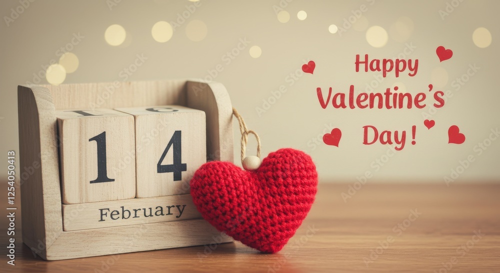 Aufkleber a wooden calendar with the date 14 february the text happy valentine's day! and a small red heart sh