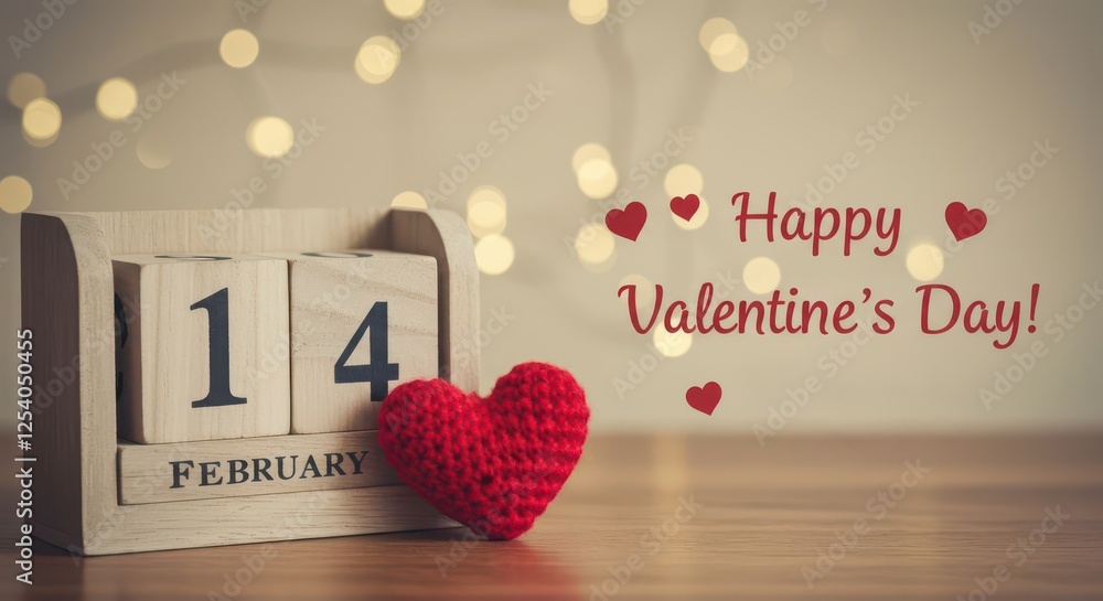 Poster a wooden calendar with the date 14 february the text happy valentine's day! and a small red heart sh