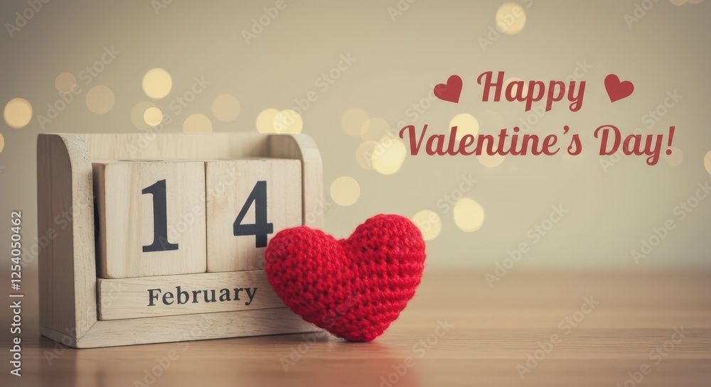 Poster A wooden calendar with the date 14 February the text Happy Valentine's Day! and a small red heart shaped knitted object placed on it 14 February calendar date A image with a soft blurred background