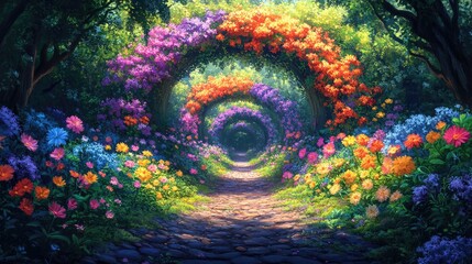 A vibrant floral pathway surrounded by lush greenery, inviting exploration and tranquility.