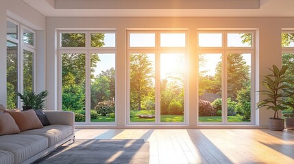 Fototapeta premium Bright Sunny Living Room Interior Design Large Windows Green Garden View Modern Home Sunlight Spacious Room Comfortable Sofa Natural Light Home Decor 