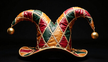 Colorful jester hat isolated on black background for blogs, party decorations, and costume ideas