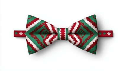 A vibrant, patterned bow tie featuring green, red, and white colors, perfect for festive occasions.