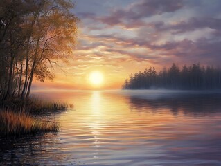 Fototapeta premium Sun rising and setting evenly over peaceful lake during Spring Equinox