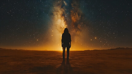 Fototapeta premium Silhouette Person Stargazing at Night in a Majestic Cosmic Landscape: Explore the Beauty of the Starry Sky and Galaxy Horizons