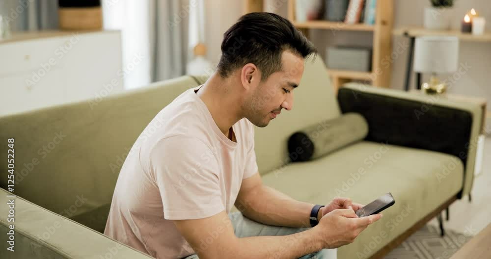 Poster home, relax and man with a cellphone, typing and connection with social media, texting and internet.