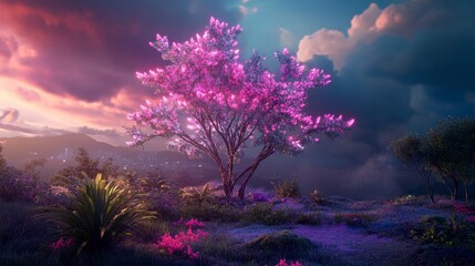 Neon Glass Tree in Luminous Meadow, vibrant branches shimmer in radiant light, enchanting landscape invites wonder and imagination