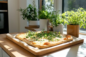 Baking whole grain pizza crust in soft afternoon light kitchen setting food photography wholesome color angled view