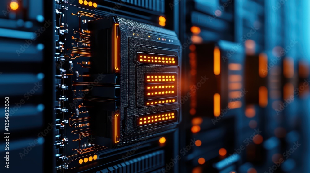 Poster abstract close-up of modern server components with illuminated elements