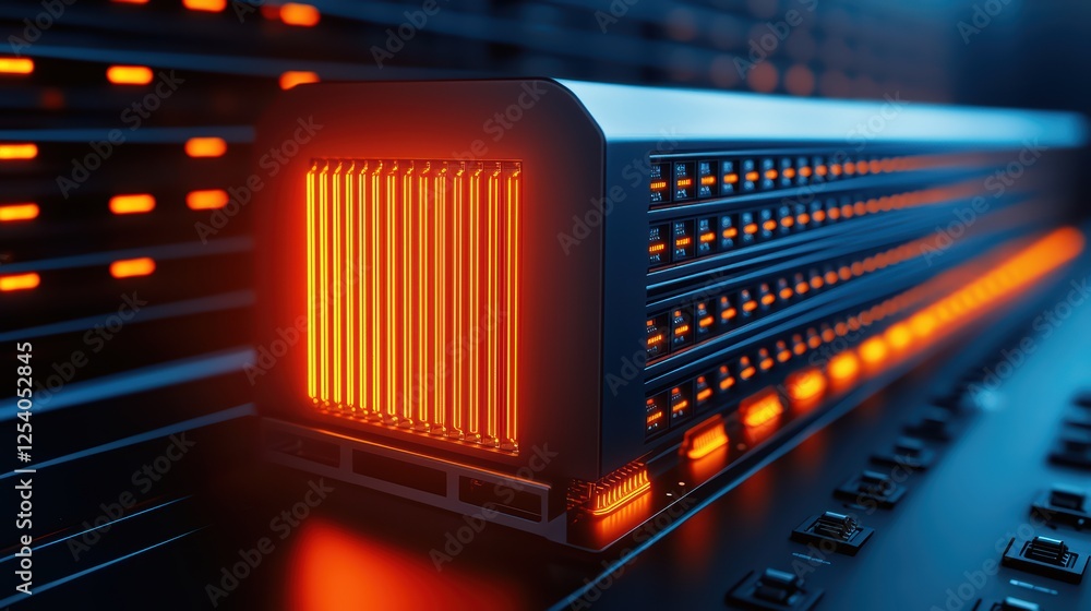 Poster modern data storage technology with illuminated elements in background