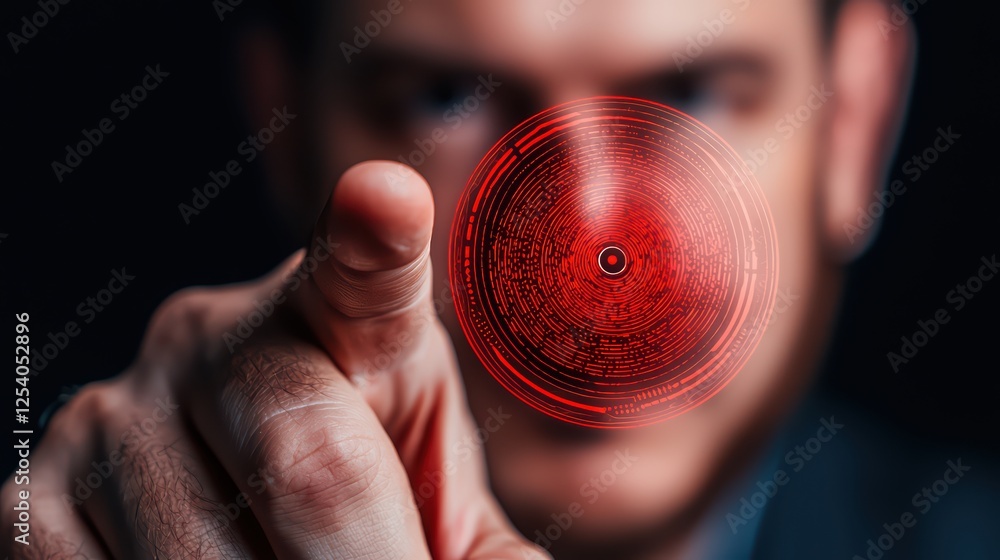 Poster man pointing forward with red circular pattern focused on finger