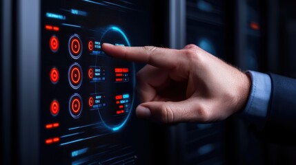 Hand Interacting with High-Tech Digital Control Panel in Server Room