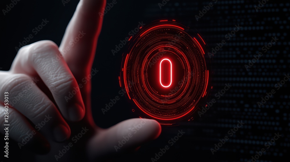 Poster futuristic hand gesturing towards digital interface with red circle