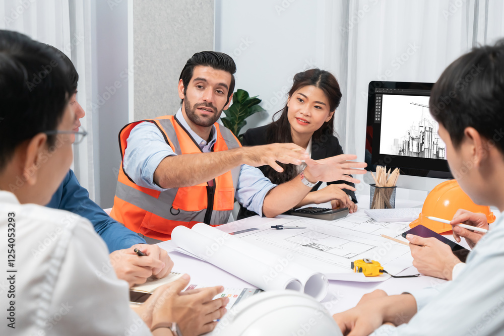 Aufkleber diverse group of civil engineer and client working together on architectural project, reviewing cons