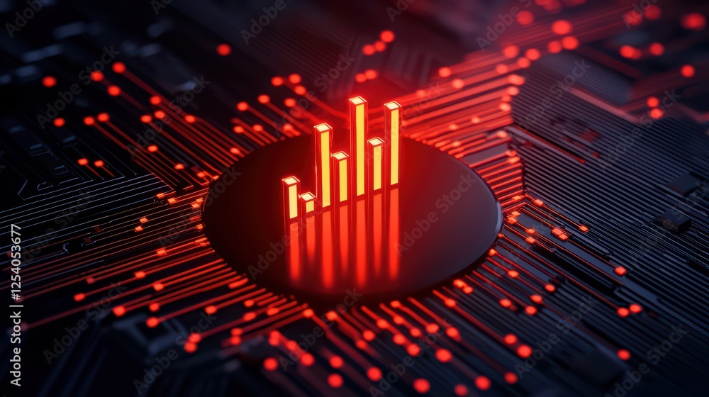 Poster digital circuit board with rising bar graph and red light effects