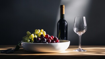 Wine bottle and glass with grapes on a rustic wooden table