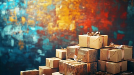 Stack of luxury gift boxes with golden ribbons