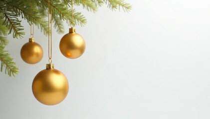 Elegant gold Christmas ornaments hanging against a clean white background , winter decorations, ornaments, holiday