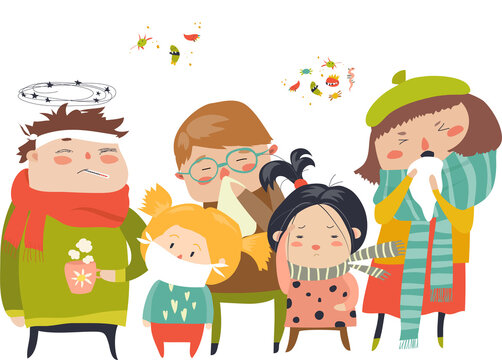 Sick children with fever, illness . Boy and girl with sneeze, high temperature, sore throat, heat, cough, headache, Vector illustration cartoon style. Sickness child with disease. flu cold symptoms