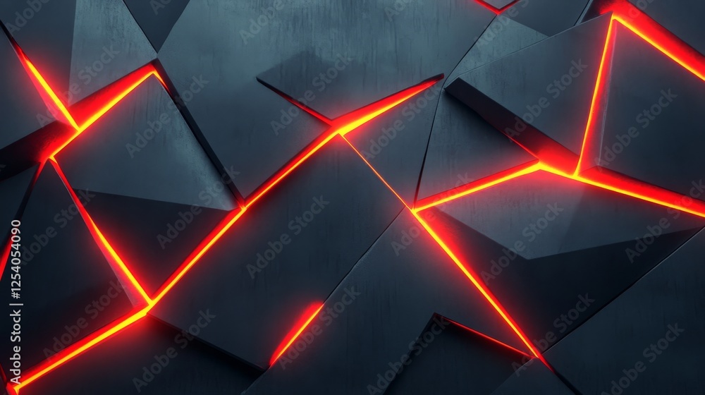 Poster dark triangular plates are separated by glowing orange lines