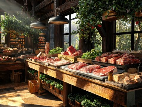 Artisanal butcher's display of locally raised meat cuts rustic butchery fresh ingredients inviting environment interior view culinary craftsmanship