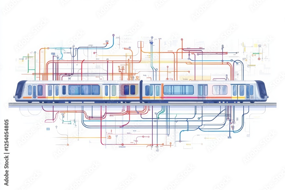 Aufkleber metro station layout with colorful subway map and train illustration for public transport planning. 