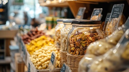 Fototapeta premium Market stall with dried fruits and nuts in glass containers