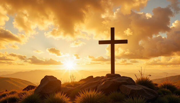 Golden light illuminating wooden cross on hilltop, spiritual reflection - Powered by Adobe