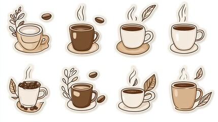 Multiple style stickers showcase various coffee cups and coffee beans in a playful and artistic design. Generative AI