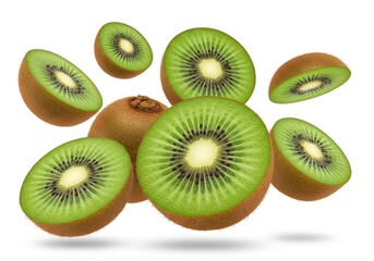 Fototapeta premium Kiwi slices and halves floating in mid-air isolated on white background