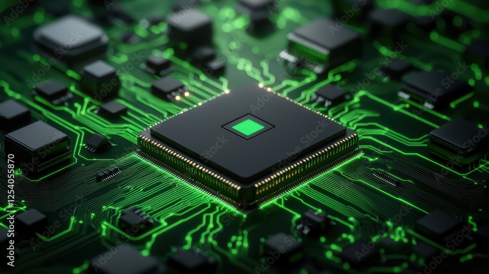Poster close-up of computer chip on circuit board with green illumination