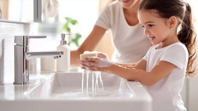 A Modern Bathroom Scene of a Mother Teaching Handwashing to Her Child