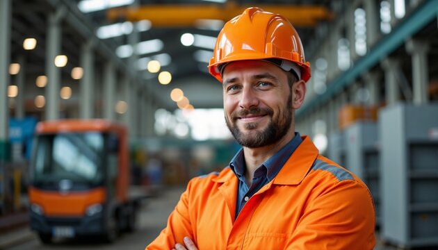 Smiling man in bright orange safety vest and hard hat in busy warehouse environment,  Labor Day