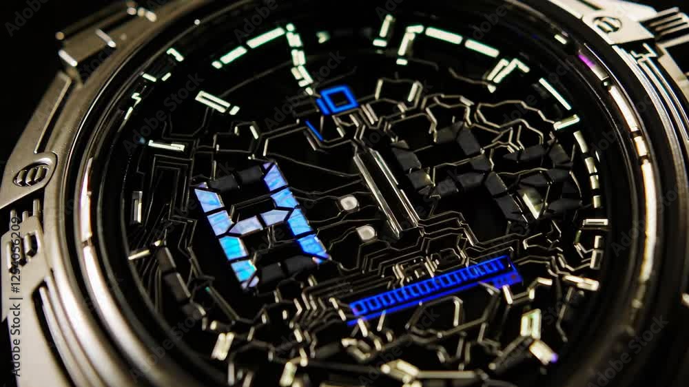 Poster futuristic wristwatch with digital and analog hybrid display in cyberpunk style.
