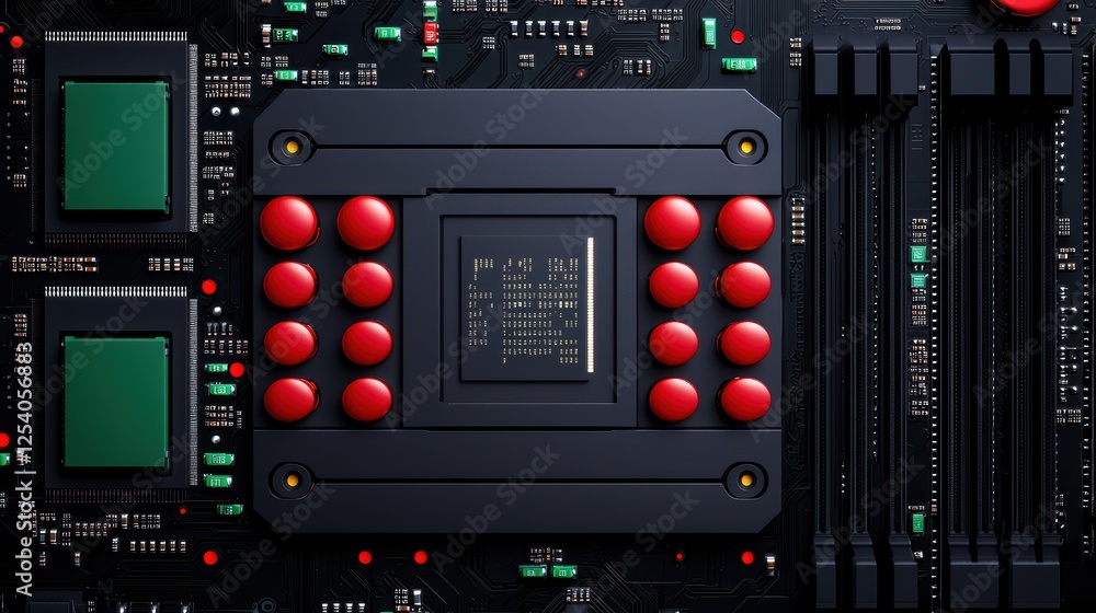 Poster close-up view of a complex circuit board with red buttons and chips