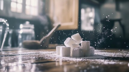 Cubes of sugar falling into a sparkling surface