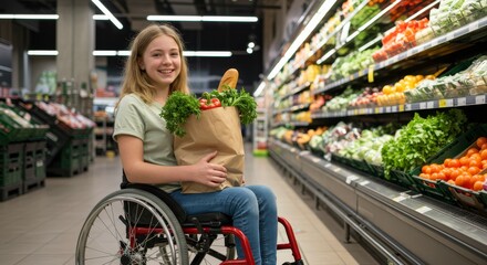 Obraz premium Grocery Shopping in a Wheelchair - A young woman in a wheelchair smiles while holding a grocery bag full of fresh produce at the supermarket. Symbols of health, independence, accessibility