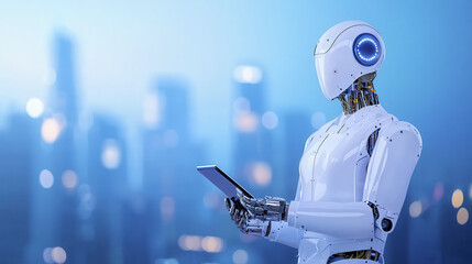 Naklejka premium Futuristic robot holding tablet in urban setting, showcasing AI technology