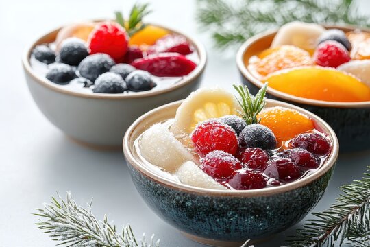 Delicious seasonal fruit compotes in elegant bowls natural light closeup angle to showcase texture and freshness